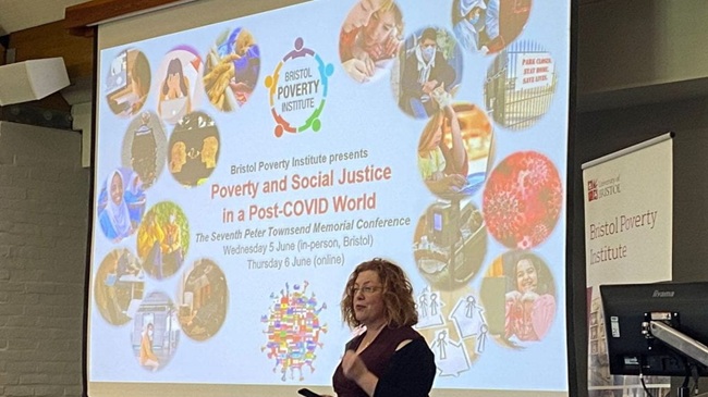 Professor Esther Dermott introducing the Poverty and Social Justice in a Post-COVID World conference.
